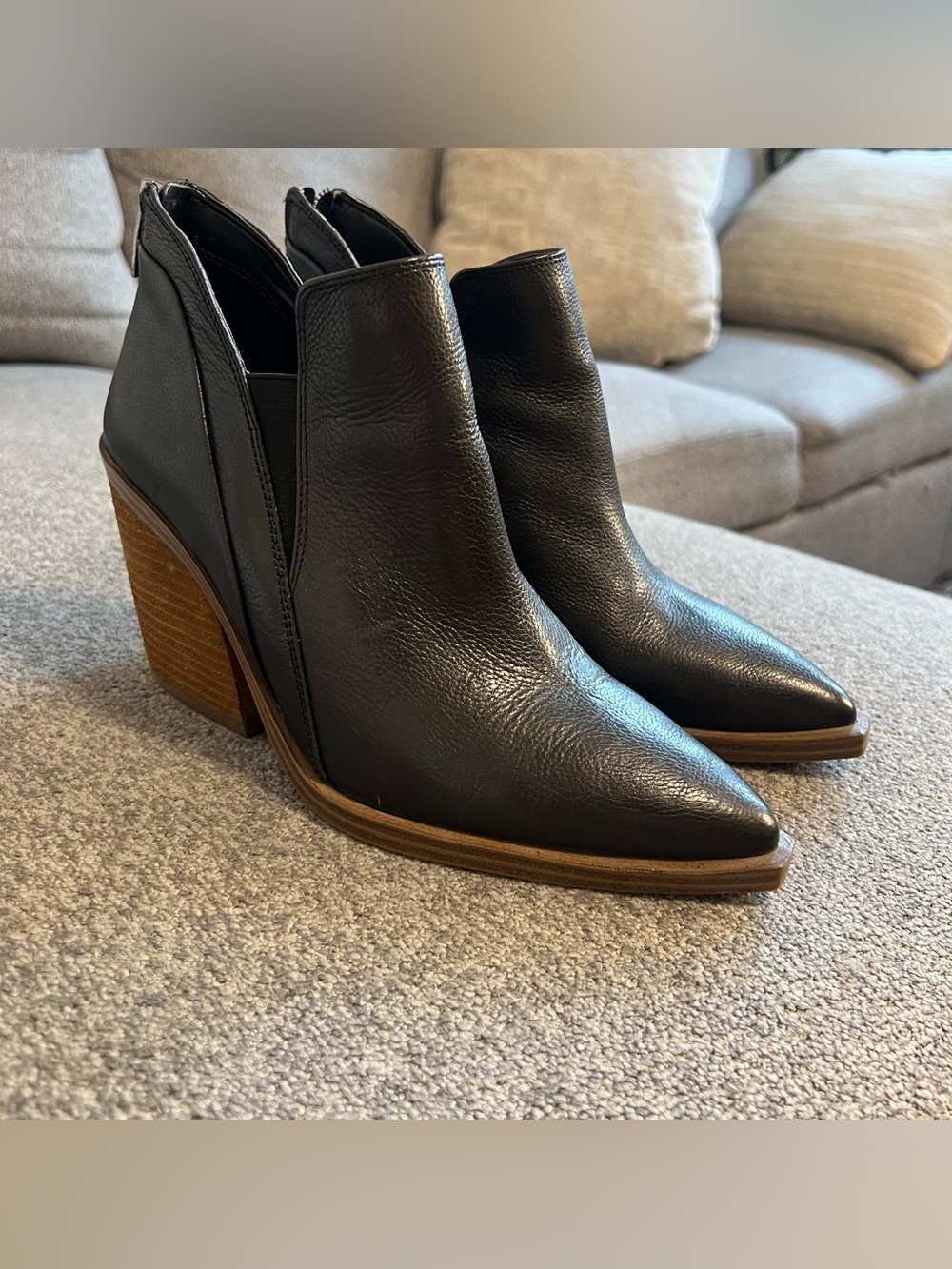 Vince Camuto Black Leather Pointed Ankle Booties with Brown Stacked Heel